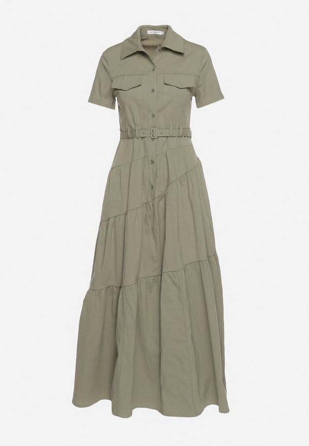 Born2be - Ciemnobeżowa Taliowana Sukienka z Bawełny w Koszulowym Stylu z Imitacją Kieszeni Masefia. Okazja: na co dzień. Kolor: beżowy. Materiał: bawełna. Wzór: aplikacja. Typ sukienki: koszulowe. Styl: casual, elegancki, wizytowy