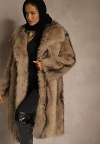 Renee - Brązowy Płaszcz Futerko o Prostym Kroju z Szerokim Kołnierzem Ezilana. Kolor: brązowy. Materiał: futro. Styl: elegancki #4