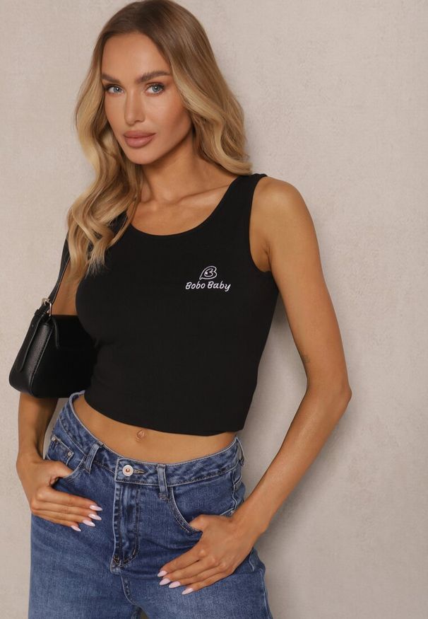Renee - Czarny Top z Wiskozą i Ozdobnym Nadrukiem Amotia. Okazja: na co dzień. Kolor: czarny. Materiał: wiskoza. Wzór: nadruk. Styl: casual