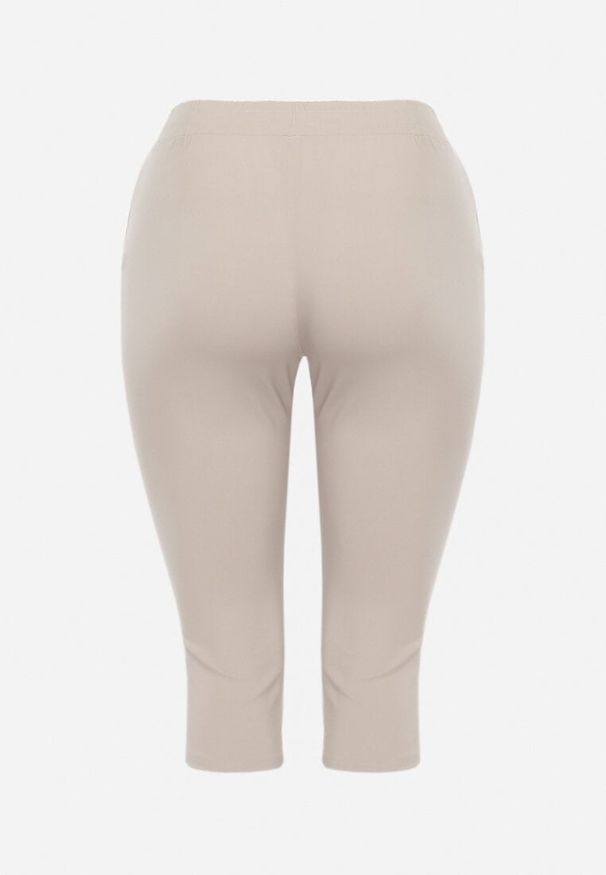 Born2be - Beżowe Spodnie 3/4 z Gumką w Pasie i Troczkiem Ozdobione Cyrkoniami Nazairia. Okazja: na co dzień. Kolor: beżowy. Wzór: aplikacja. Styl: casual