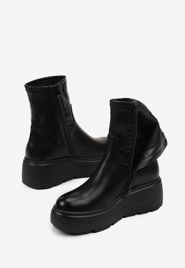 Born2be - Czarne Botki na Platformie w Stylu Grunge Firivine. Okazja: na co dzień. Kolor: czarny. Materiał: skóra. Obcas: na platformie. Styl: elegancki, casual