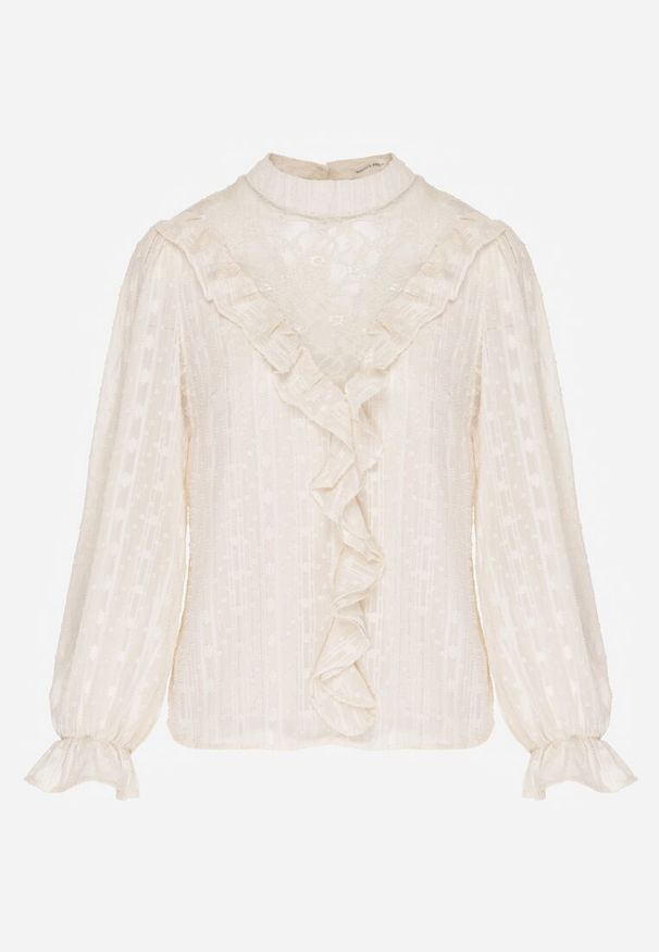 Renee - Beżowa Bluzka z Koronką i Falbankami Zdobiona Metalicznymi Przeszyciami Aliafera. Typ kołnierza: kołnierz z falbankami. Kolor: beżowy. Materiał: koronka. Wzór: aplikacja, koronka