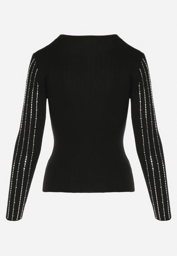 Born2be - Czarny Dzianinowy Sweter z Okrągłym Dekoltem Ozdobiony Paskami z Cyrkoniami Faweni. Kolor: czarny. Materiał: dzianina. Wzór: aplikacja. Styl: elegancki