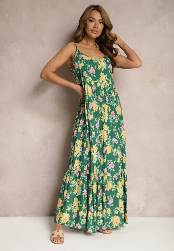 Renee - Zielona Wiskozowa Sukienka na Ramiączkach z Falbanką Lrinesa. Okazja: na spacer. Kolor: zielony. Materiał: wiskoza. Długość rękawa: na ramiączkach. Sezon: lato