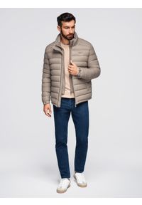 Ombre Clothing - Męska pikowana kurtka z dwoma zapięciami - ciemnobeżowa V4 - Rozmiar: XL. Okazja: na co dzień. Kolor: beżowy. Materiał: nylon, tkanina, poliester, materiał. Wzór: gładki, aplikacja. Styl: klasyczny, casual, elegancki #11