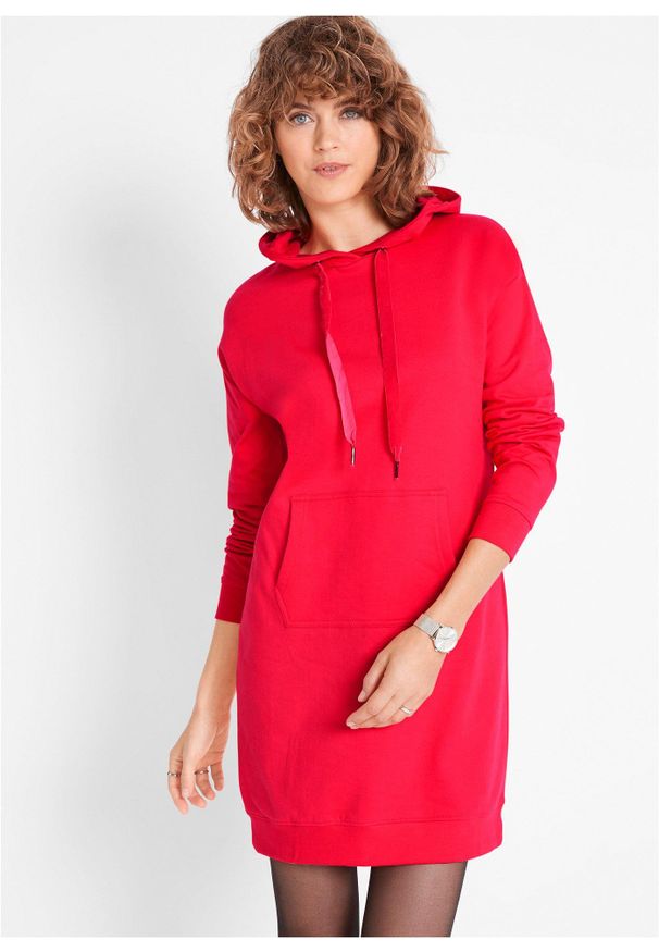 bonprix - Sukienka dresowa z bawełny organicznej. Typ kołnierza: kaptur. Kolor: czerwony. Materiał: bawełna, dresówka