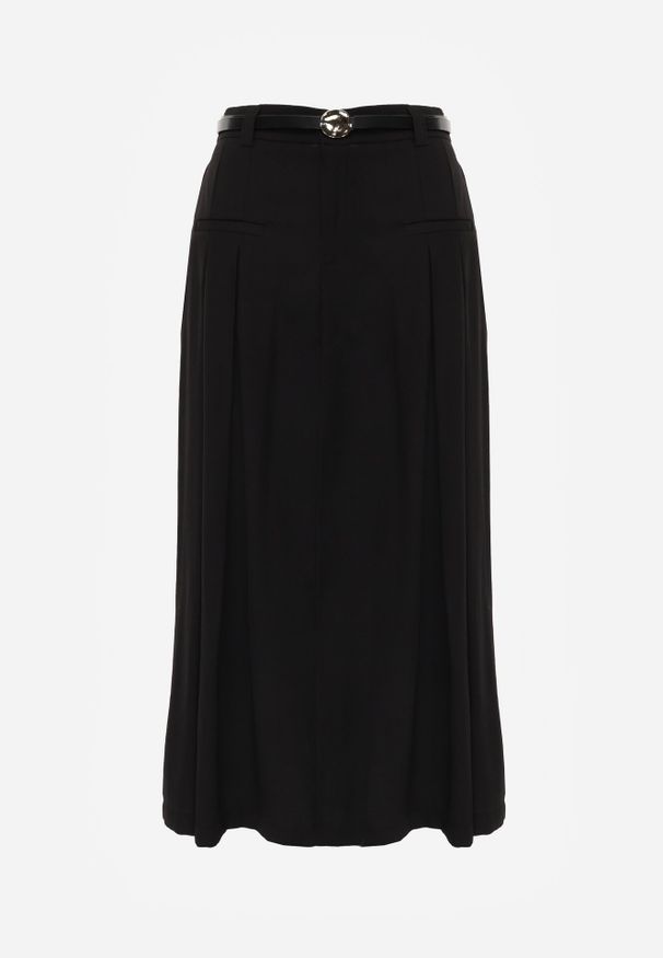 Born2be - Czarna Wiskozowa Spódnica o Rozkloszowanym Kroju z Plisami i Paskiem Rolea. Okazja: na co dzień. Kolor: czarny. Materiał: wiskoza. Styl: casual, elegancki, klasyczny