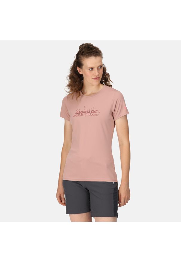 Regatta - Fingal VII damska turystyczna koszulka z krótkim rękawem. Kolor: różowy. Materiał: tkanina. Długość rękawa: krótki rękaw. Długość: krótkie. Sport: turystyka piesza