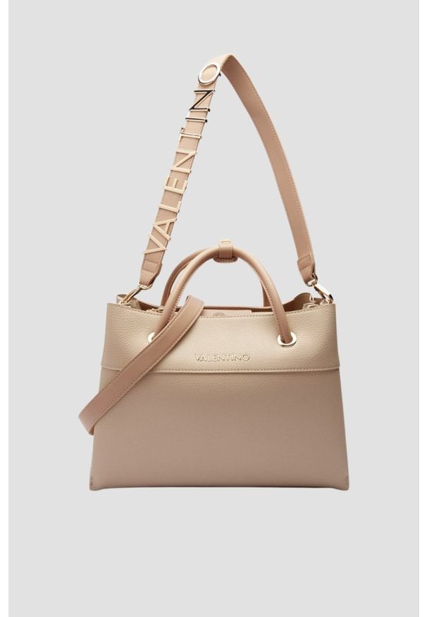 Valentino by Mario Valentino - VALENTINO Beżowa shopperka Alexia. Kolor: beżowy. Wzór: paski, aplikacja