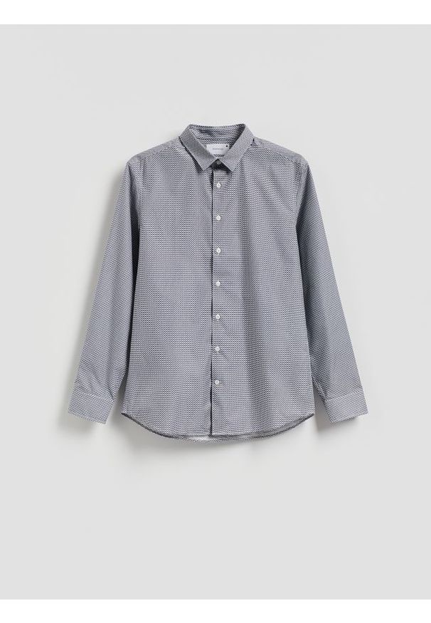 Reserved - Wzorzysta koszula slim fit - granatowy. Kolor: niebieski. Materiał: tkanina, bawełna