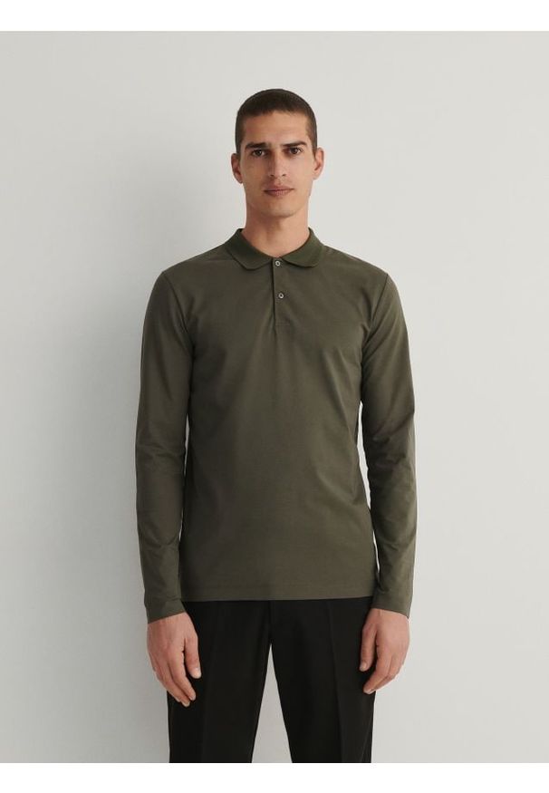 Reserved - Koszulka polo slim - ciemnozielony. Typ kołnierza: polo. Kolor: zielony. Materiał: dzianina, bawełna