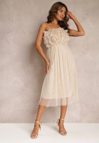 Renee - Beżowa Tiulowa Sukienka bez Ramiączek z Falbankami Tremone. Typ kołnierza: kołnierz z falbankami. Kolor: beżowy. Materiał: tiul. Długość rękawa: bez ramiączek #5