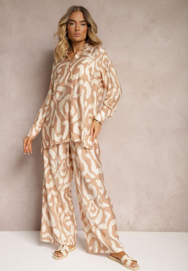 Renee - Beżowy Wiskozowy Komplet 2-Częściowy Luźna Koszula Spodnie z Gumką i Szerokimi Nogawkami Melvima. Kolor: beżowy. Materiał: wiskoza