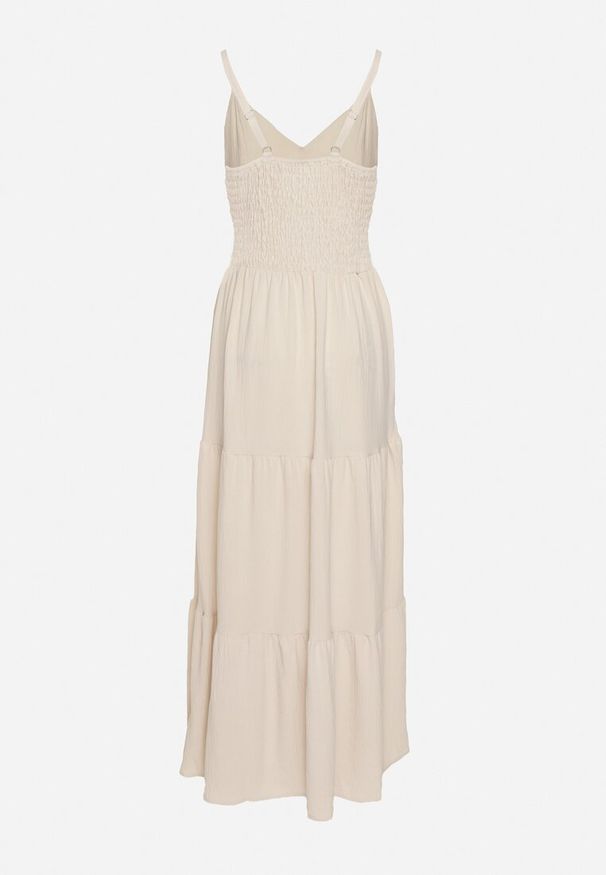 Born2be - Jasnobeżowa Sukienka na Regulowanych Ramiączkach z Gumką w Pasie Ebisina. Okazja: na co dzień. Kolor: beżowy. Długość rękawa: na ramiączkach. Sezon: lato. Styl: casual, elegancki