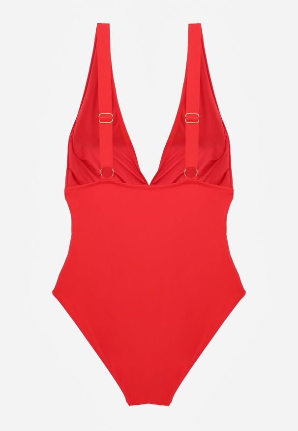 Renee - Czerwony Strój Kąpielowy Jednoczęściowy z Metaliczną Aplikacją i Marszczeniem Kylrahne. Kolekcja: plus size. Kolor: czerwony. Materiał: len. Wzór: aplikacja