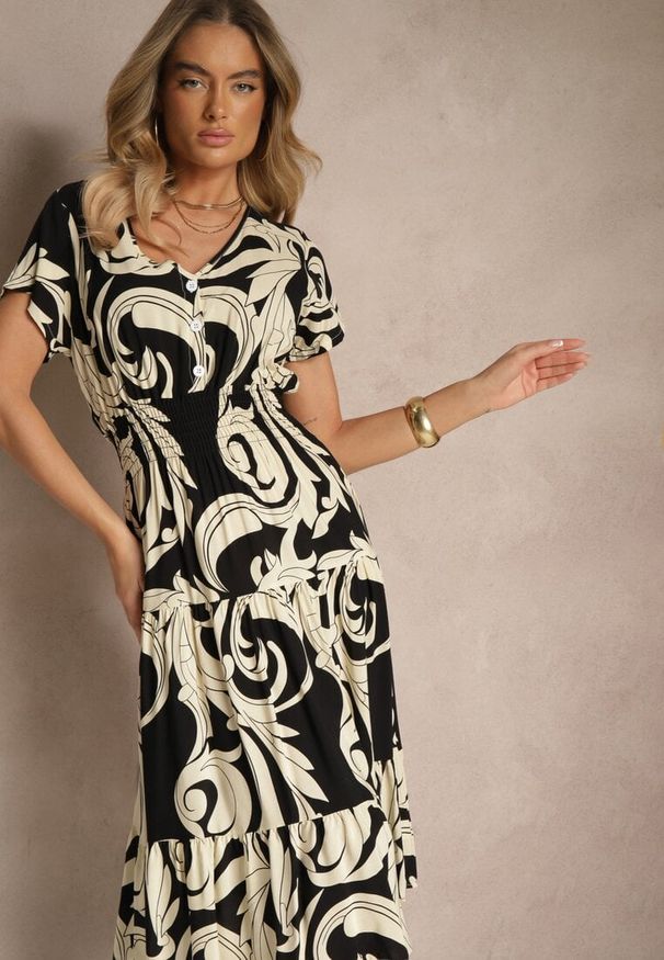 Renee - Czarna Bawełniana Sukienka z Abstrakcyjnym Motywem i Guzikami Talivea. Okazja: na co dzień. Typ kołnierza: dekolt w kształcie V. Kolor: czarny. Materiał: bawełna. Sezon: wiosna, lato. Typ sukienki: proste. Styl: casual, elegancki