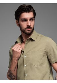 Ombre Clothing - Męska koszula z bawełny i lnu z krótkim rękawem i kieszonką – oliwkowa V6 - Rozmiar: XXL. Kolor: oliwkowy. Materiał: len, bawełna. Długość rękawa: krótki rękaw. Długość: krótkie. Sezon: lato
