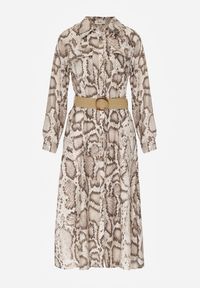 Born2be - Beżowa Sukienka Koszulowa z Wiskozą Zdobiona Paskiem i Wzorem w Węża Delane. Okazja: na co dzień. Kolor: beżowy. Materiał: wiskoza. Wzór: aplikacja. Typ sukienki: koszulowe. Styl: casual, elegancki #5