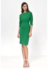 Nife - Dopasowana Sukienka z Asymetrycznymi Draperiami - Zielona. Kolor: zielony. Materiał: poliester, elastan, wiskoza. Typ sukienki: asymetryczne