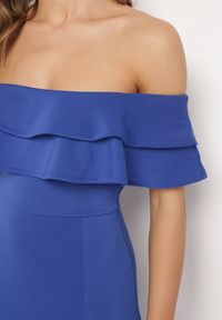 Born2be - Granatowa Elegancka Sukienka Typu Hiszpanka z Rozkloszowanym Dołem i Wycięciami Tumini. Okazja: na imprezę. Typ kołnierza: dekolt hiszpanka. Kolor: niebieski. Materiał: skóra. Długość rękawa: krótki rękaw. Typ sukienki: rozkloszowane, dopasowane. Styl: elegancki #3