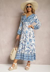 Renee - Niebieska Sukienka Maxi z Kopertowym Dekoltem i Gumkami w Pasie Nerene. Kolor: niebieski. Długość rękawa: długi rękaw. Typ sukienki: kopertowe. Długość: maxi #4