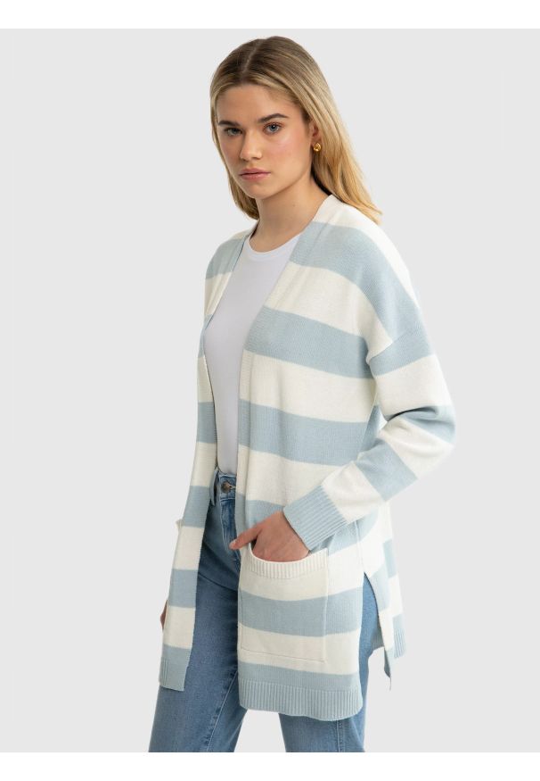 Big-Star - Sweter kardigan damski z kieszeniami w niebiesko-białe pasy Marilla 400. Kolor: niebieski. Materiał: materiał. Wzór: paski. Sezon: lato