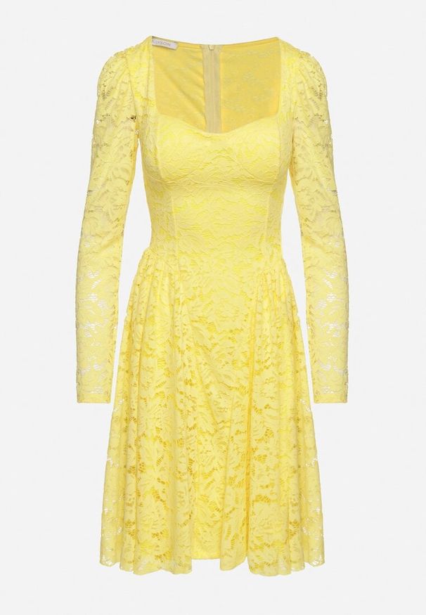 Born2be - Żółta Sukienka Koronkowa o Rozkloszowanym Kroju Telomira. Okazja: na co dzień. Kolor: żółty. Materiał: koronka. Długość rękawa: długi rękaw. Typ sukienki: proste, rozkloszowane. Styl: casual, klasyczny