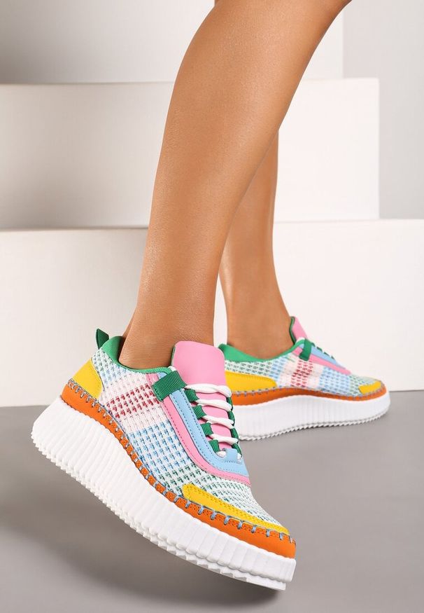 Born2be - Zielono-Pomarańczowe Sneakersy do Kostki na Platformie ze Sznurowaniami Fropia. Nosek buta: okrągły. Zapięcie: sznurówki. Kolor: zielony. Materiał: materiał. Obcas: na platformie. Wysokość obcasa: niski