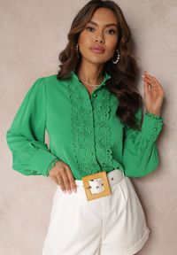 Renee - Zielona Koronkowa Koszula na Perłowe Guziki Inhis. Kolor: zielony. Materiał: koronka. Wzór: aplikacja #5
