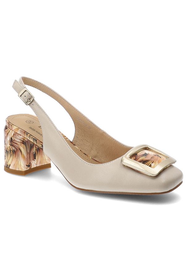 Czółenka damskie S.Barski, ze skóry naturalnej odkryta pięta pasek z regulacją ozdobna klamra stabilny obcas elegancki styl, beżowe, LZ61-2018. Zapięcie: klamry. Kolor: beżowy. Materiał: skóra. Szerokość cholewki: normalna. Wzór: aplikacja. Obcas: na obcasie. Styl: elegancki. Wysokość obcasa: średni