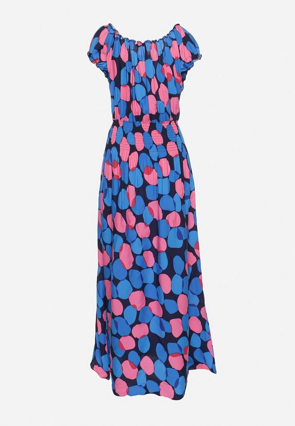 Born2be - Granatowo-Różowa Bawełniana Sukienka z Gumką Przy Dekolcie i w Talii Pietricea. Okazja: na randkę, na co dzień. Typ kołnierza: dekolt hiszpanka. Kolor: niebieski. Materiał: bawełna. Wzór: kropki. Sezon: lato. Typ sukienki: rozkloszowane. Styl: klasyczny, casual, elegancki