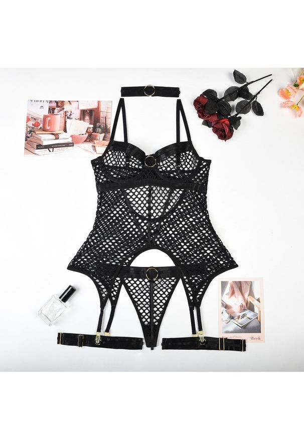 Intica - Biustonosz push-up z siateczki na specjalne okazje Kori. Stan: podwyższony. Kolor: czarny. Materiał: materiał