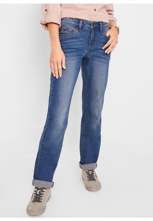bonprix - Dżinsy Straight, mid waist, ze stretchem. Kolor: niebieski