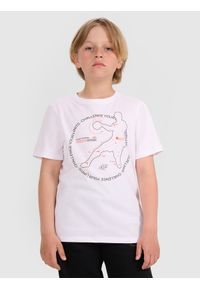4f - 4F T-shirt regular z nadrukiem chłopięcy - biały 140 (9-10 lat). Okazja: na co dzień. Kolor: biały. Materiał: jersey, materiał, bawełna. Długość rękawa: krótki rękaw. Długość: krótkie. Wzór: nadruk. Sezon: lato. Styl: klasyczny, sportowy, casual