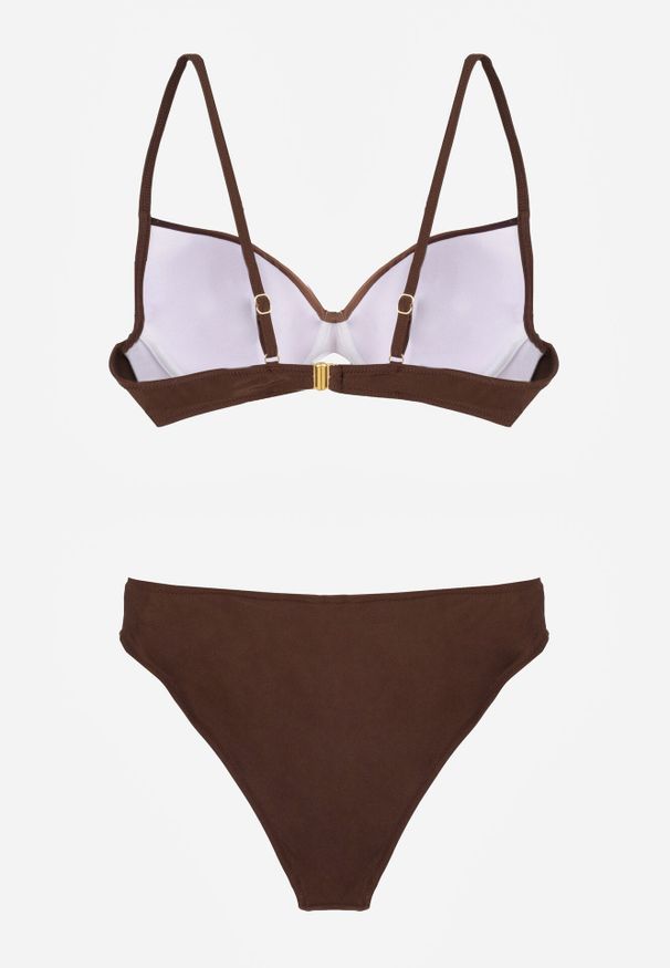 Born2be - Brązowe Bikini Biustonosz i Figi z Ozdobnym Marszczeniem i Aplikacją Periete. Kolor: brązowy. Wzór: aplikacja