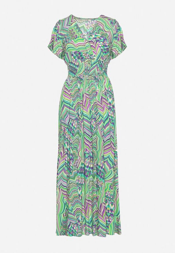 Born2be - Zielona Sukienka Maxi z Wiskozy z Gumką w Talii w Stylu Etno Daliora. Kolor: zielony. Materiał: wiskoza. Długość rękawa: krótki rękaw. Wzór: kolorowy. Typ sukienki: kopertowe. Styl: etno. Długość: maxi