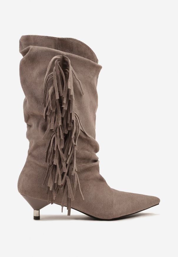 Renee - Beżowe Botki na Kaczuszce Ozdobione Frędzlami i Marszczoną Cholewką Latolea. Okazja: na co dzień. Kolor: beżowy. Materiał: jeans. Szerokość cholewki: normalna. Wzór: aplikacja. Obcas: na szpilce. Styl: boho, casual