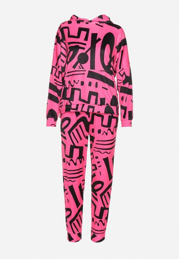 Born2be - Różowy Komplet Dresowy Bluza z Kapturem i Kieszenią Typu Kangurek Spodnie z Kieszeniami Ivondria. Kolor: różowy. Materiał: dresówka