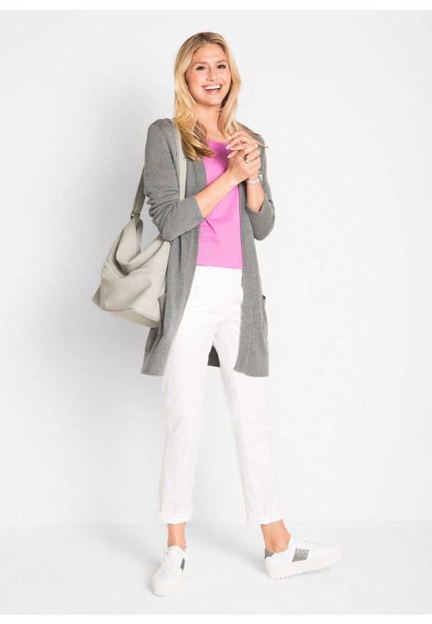 bonprix - Długi sweter dzianinowy bez zapięcia, długi rękaw. Kolor: szary. Materiał: dzianina. Długość rękawa: długi rękaw. Długość: długie