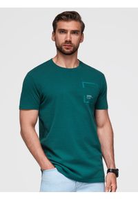 Ombre Clothing - Bawełniany męski t-shirt z nadrukiem na kieszonce – ciemnozielony V5 - Rozmiar: M. Okazja: na co dzień. Kolor: zielony. Materiał: bawełna. Wzór: nadruk. Styl: casual