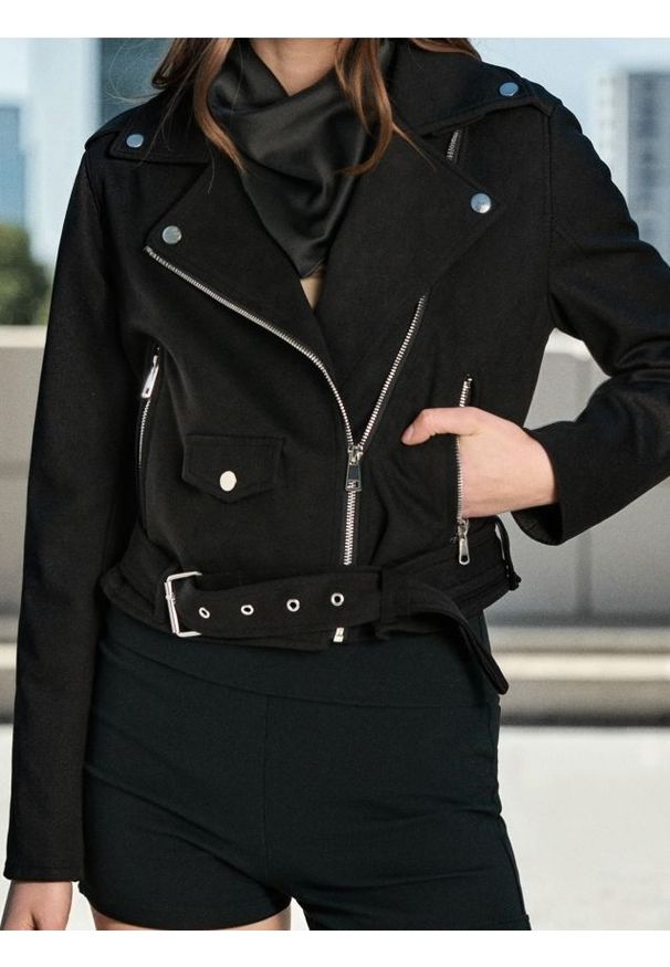 Sinsay - Kurtka ramoneska z paskiem - czarny. Kolor: czarny