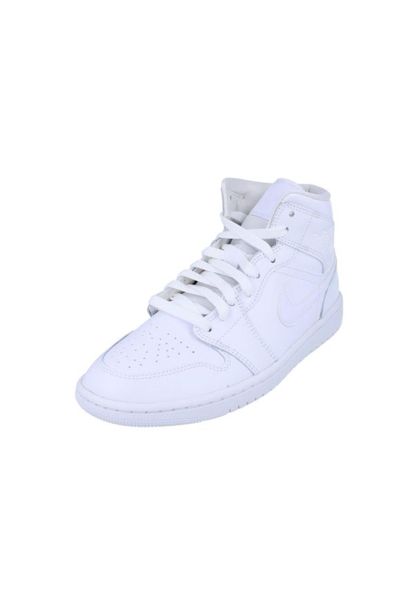 Buty do chodzenia męskie Nike Air Jordan 1 Mid. Zapięcie: sznurówki. Kolor: biały. Materiał: materiał, skóra, syntetyk. Szerokość cholewki: normalna. Model: Nike Air Jordan. Sport: turystyka piesza