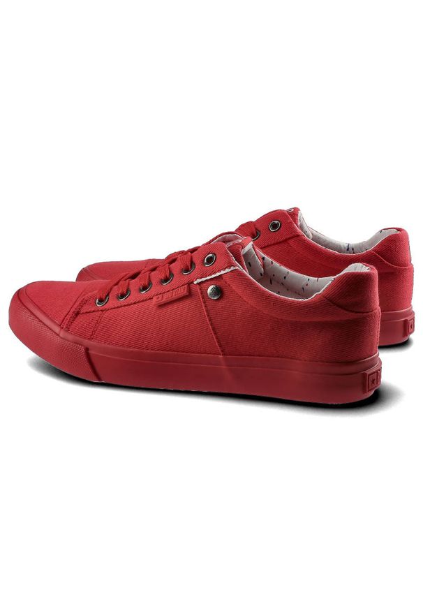 Big-Star - Czerwone Trampki Big Star Damskie Sznurowane Buty. Okazja: na co dzień, do pracy, na uczelnię. Wysokość cholewki: przed kostkę. Kolor: czerwony. Materiał: jeans, guma, materiał. Szerokość cholewki: normalna. Wzór: kolorowy, napisy. Styl: casual, sportowy, klasyczny