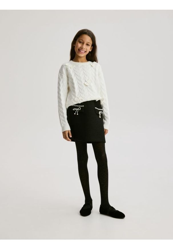 Reserved - Tweedowa spódnica z aplikacją - czarny. Kolor: czarny. Materiał: tkanina. Wzór: aplikacja
