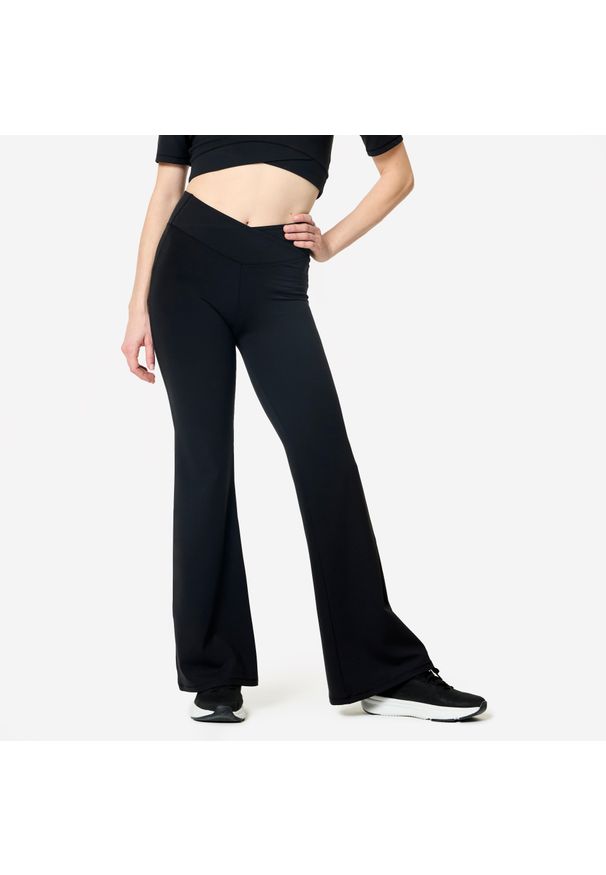 Decathlon - Legginsy fitness damskie Domyos. Kolor: czarny. Materiał: materiał, poliamid, elastan. Sport: fitness