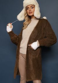 Renee - Brązowy Kardigan Niezapinany z Wełną i Wsuwanymi Kieszeniami Rianessa. Kolor: brązowy. Materiał: wełna #3