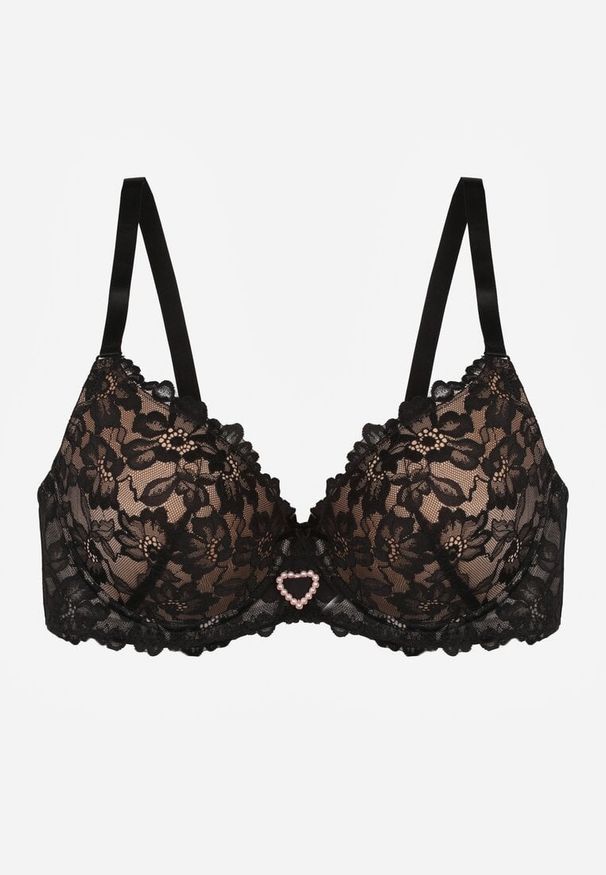 Born2be - Czarno-Beżowy Biustonosz z Koronką i Sercem z Cyrkonii Coratune. Kolor: czarny. Materiał: koronka. Wzór: koronka