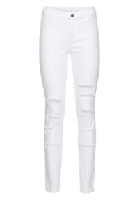 Spodnie SKINNY z wysoką talią i z przetarciami bonprix biały. Kolor: biały #1