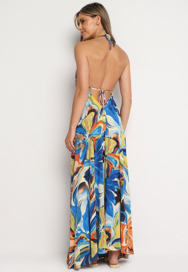 Born2be - Niebiesko-Żółta Rozkloszowana Sukienka z Wiskozy z Odcięciem pod Biustem Wiązana na Szyi i Plecach Nividia. Okazja: na co dzień. Kolor: niebieski. Materiał: wiskoza. Typ sukienki: sportowe, proste. Styl: sportowy, klasyczny, casual, elegancki