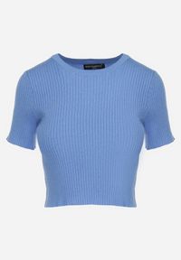 Born2be - Niebieski Krótki T-shirt z Prążkowanej Dzianiny Clutia. Kolor: niebieski. Materiał: dzianina, prążkowany. Długość: krótkie #2